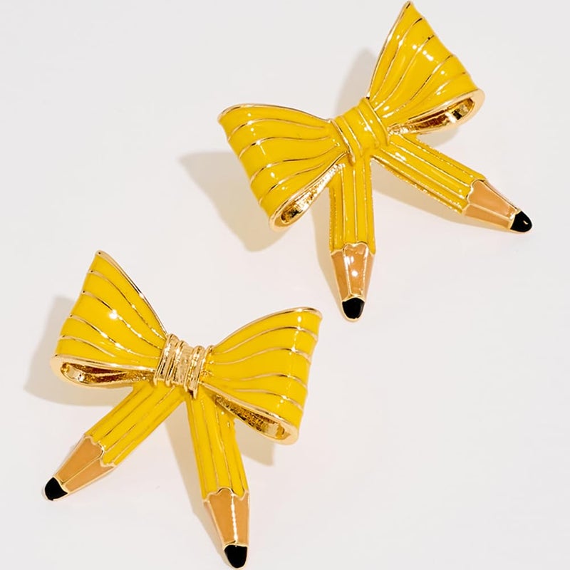 FAUTHENTICUTE Cute Teacher Earrings For Women Large Yellow Enamelled Pencil Studs Chunky Statement Earring Back To School Teacher Gift - Image 4