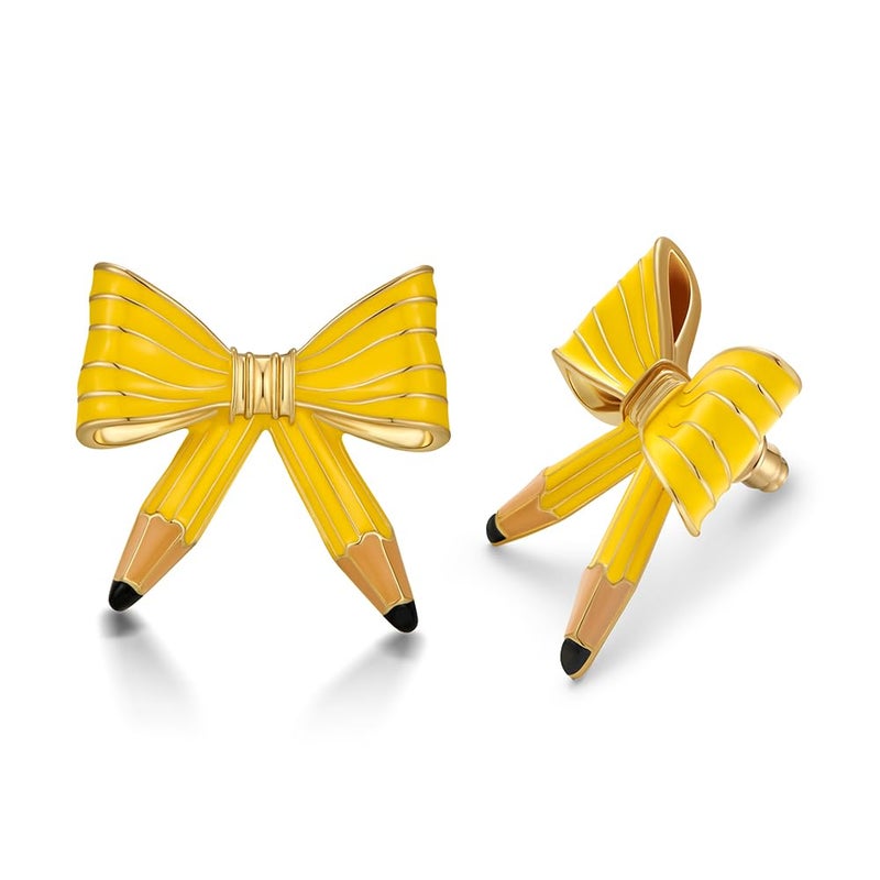 FAUTHENTICUTE Cute Teacher Earrings For Women Large Yellow Enamelled Pencil Studs Chunky Statement Earring Back To School Teacher Gift - Image 1