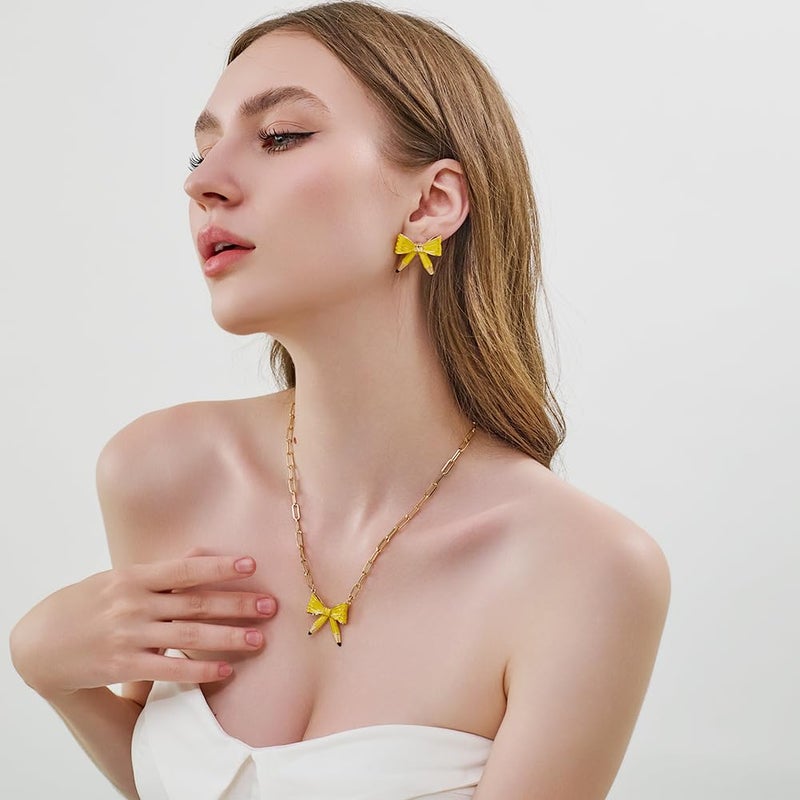FAUTHENTICUTE Cute Teacher Earrings For Women Large Yellow Enamelled Pencil Studs Chunky Statement Earring Back To School Teacher Gift - Image 5
