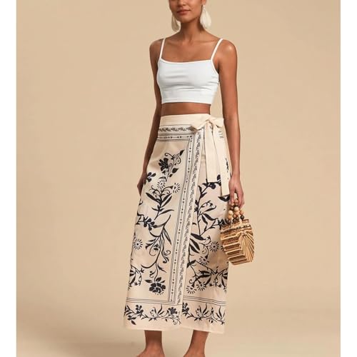 Sujama Women’s Floral Print Wrap Skirts Boho Tie Knot Skirt High Waist Causal Cute Flower Graphic Long Skirts Beachwear 2025 Apricot - Image 3