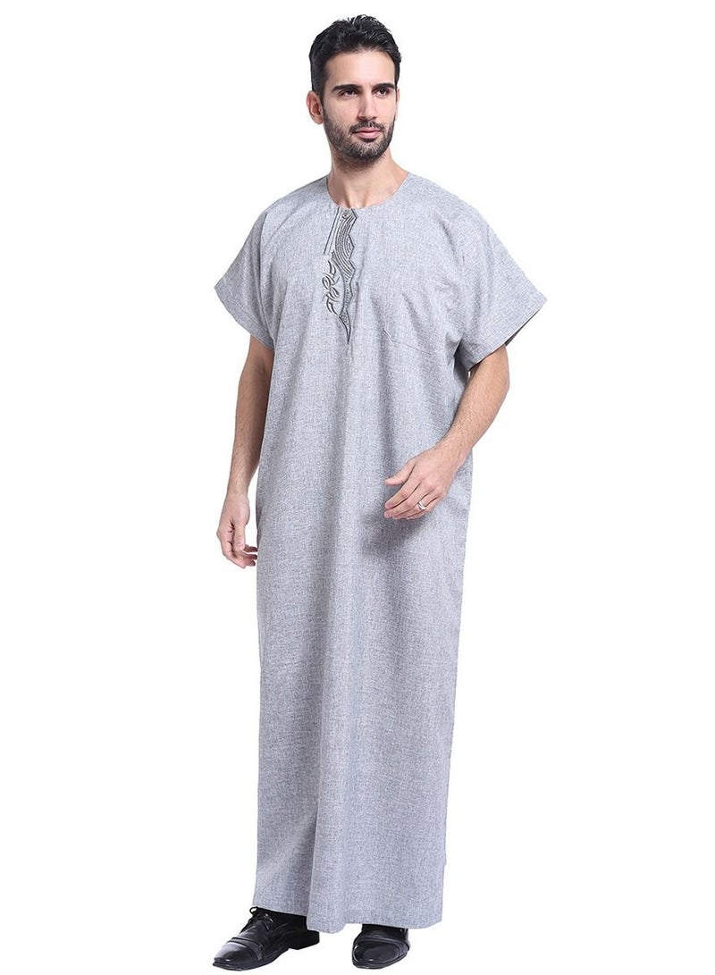 إسكدنيا Men's Short Sleeve Kandora Islamic Arabic Kaftan Robe Grey  - Image 2