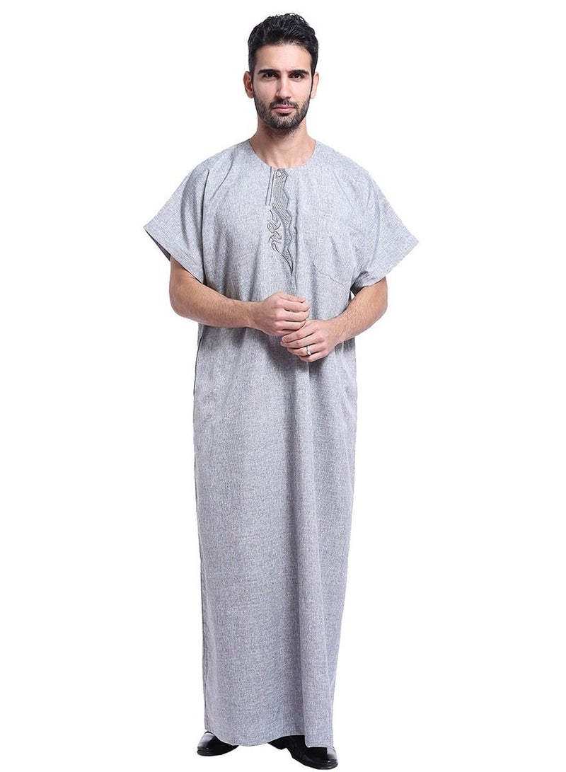إسكدنيا Men's Short Sleeve Kandora Islamic Arabic Kaftan Robe Grey  - Image 1