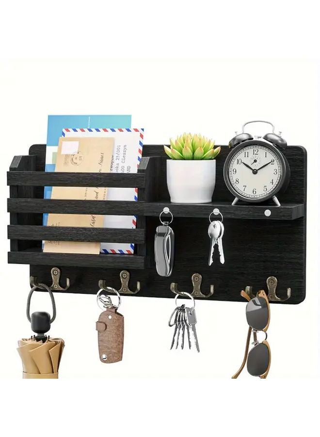 حامل مفاتيح من الخشب الأسود مثبت على الحائط مع 8 خطاطيف وصينية - Image 1