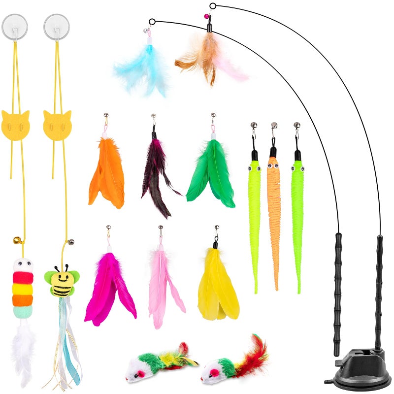 Depets Cat Wand Toy, 15 Pcs Interactive Cat Feather Toys for Indoor Self Play & Exercise, 2 Play Modes Kitten Teaser Wand, Reusable Suction Cup Kitten Toys - Image 1