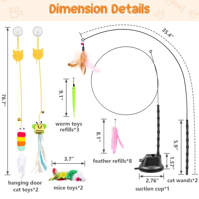 Depets Cat Wand Toy, 15 Pcs Interactive Cat Feather Toys for Indoor Self Play & Exercise, 2 Play Modes Kitten Teaser Wand, Reusable Suction Cup Kitten Toys - Image 3