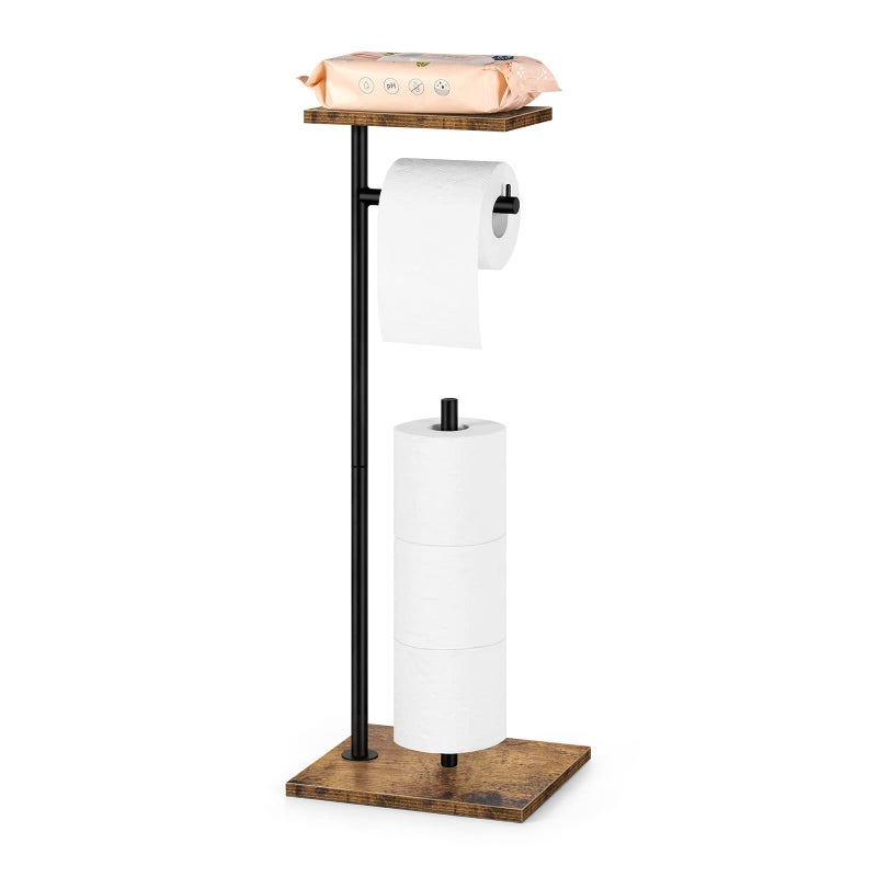 BTY Rustic Brown Farmhouse Toilet Paper Dispenser  FreeStanding Tissue Roll Holder with Shelf for Bathroom Toilet Paper Storage