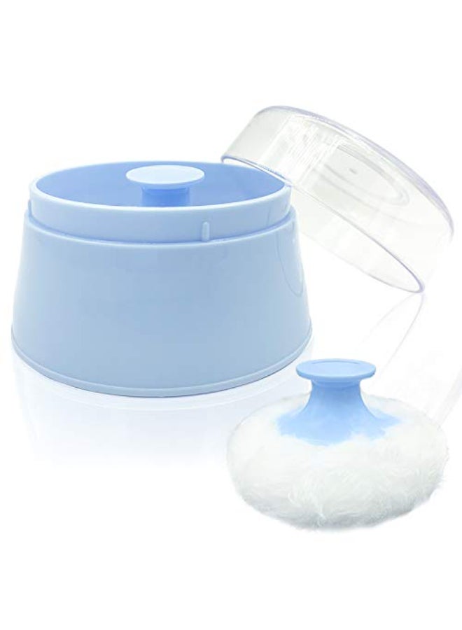 Aurasin BPA Free Baby Powder Puff Box Large 28 Fluffy Body AfterBath Powder Case Baby Care FaceBody Villus Powder Puff Container Makeup Cosmetic Talcum Powder Container with Hand Holder Blue - Image 1