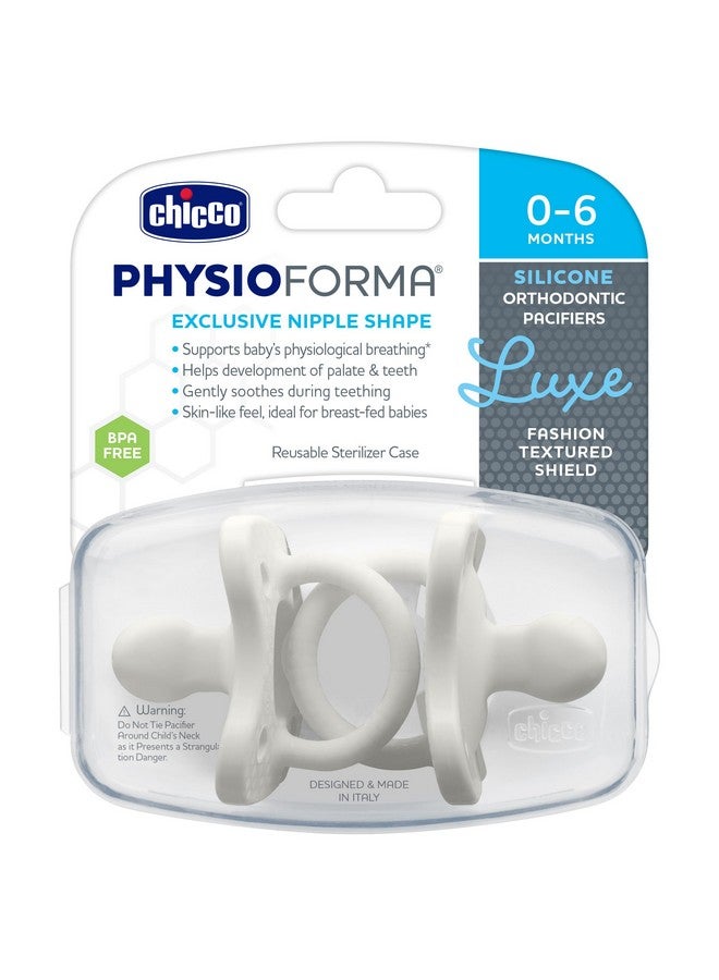 Chicco PhysioForma Luxe Silicone One Piece Pacifier for Babies Aged 0-6m | Fashion Textured Shield | BPA & Latex Free| Reusable Sterilizing Case| Pearl Grey, 2pk - Image 1