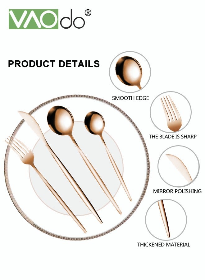 فاو دو 24 قطع الفولاذ المقاوم للصدأ مجموعة أدوات المائدة مجموعة خدمة 6 مع ستيك سكين مرآة مصقول أدوات المائدة مجموعة الفضيات روز الذهب - Image 3