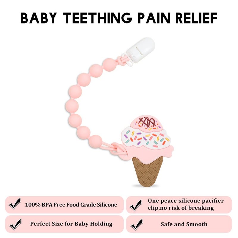 AmazingM Baby Food Grade Silicone Teether Toy with One Piece Design Pacifier Clip HolderTeething Pain Relief Toys Gift Set for 3 Months Boys and GirlsFreezer SafeBPA Free Ice Cream - Image 2