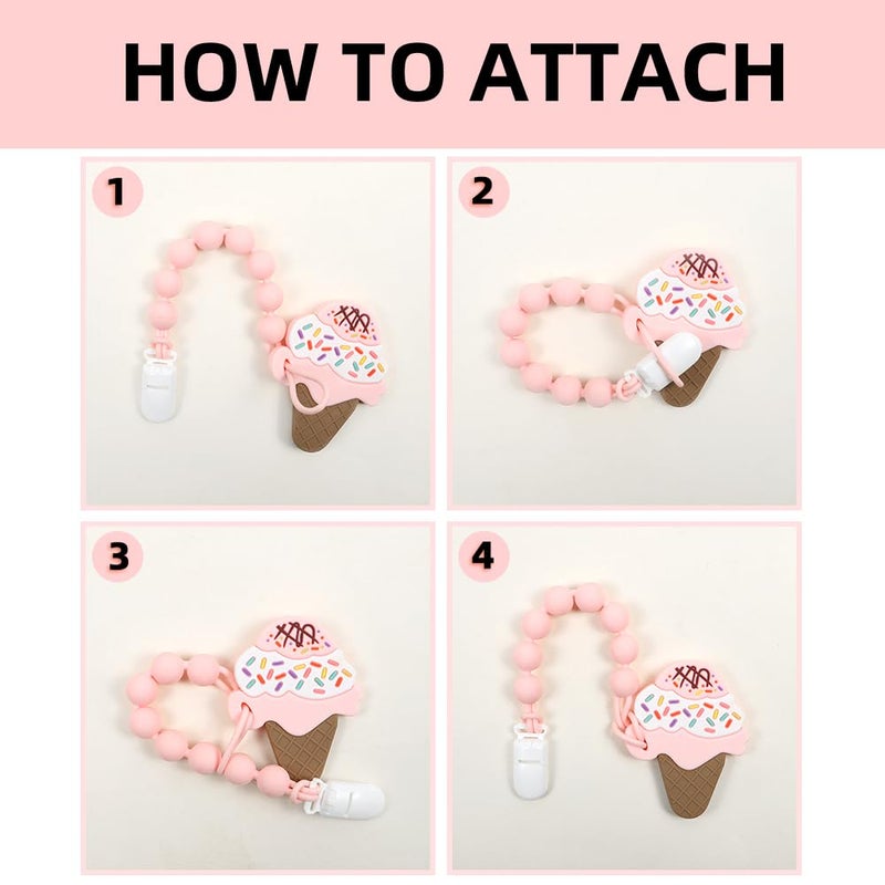 AmazingM Baby Food Grade Silicone Teether Toy with One Piece Design Pacifier Clip HolderTeething Pain Relief Toys Gift Set for 3 Months Boys and GirlsFreezer SafeBPA Free Ice Cream - Image 5