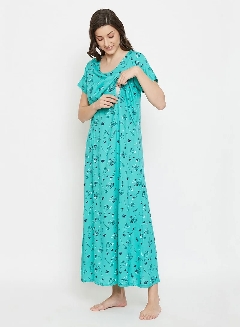 كلوفيا Clovia Feeding Pretty Florals Long Night Dress In Turquoise Blue - Rayon