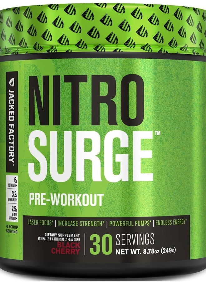 Jacked Factory - NITROSURGE Pre Workout Supplement - Endless Energy, Instant Strength Gains, Clear Focus and Intense Pumps - NO Booster & Powerful Preworkout Energy Powder - 30 Servings, Black Cherry - Image 1