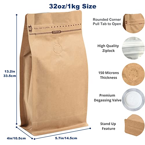 felipack 50 Count 32 Ounces1Kg Kraft Paper Coffee Bags High Barrier Kraft Foil Liner Flat Bottom Coffee Pouches with Degassing Valve Food Storage Bags with Rsealable Zipper Easy Open Tape 50pcs 32oz1kg - Image 5