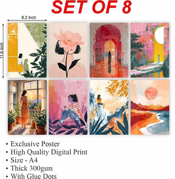 CVANU Beautiful Aesthetic Girls & Sun View Picture Printed 8pcs Wall Art Collage Kit Posters With Glue Dot Tape for Living Room| Office| Bedroom| Office| Walls Decorative Item (8.2inch X 11.6inch)_372 - Image 4