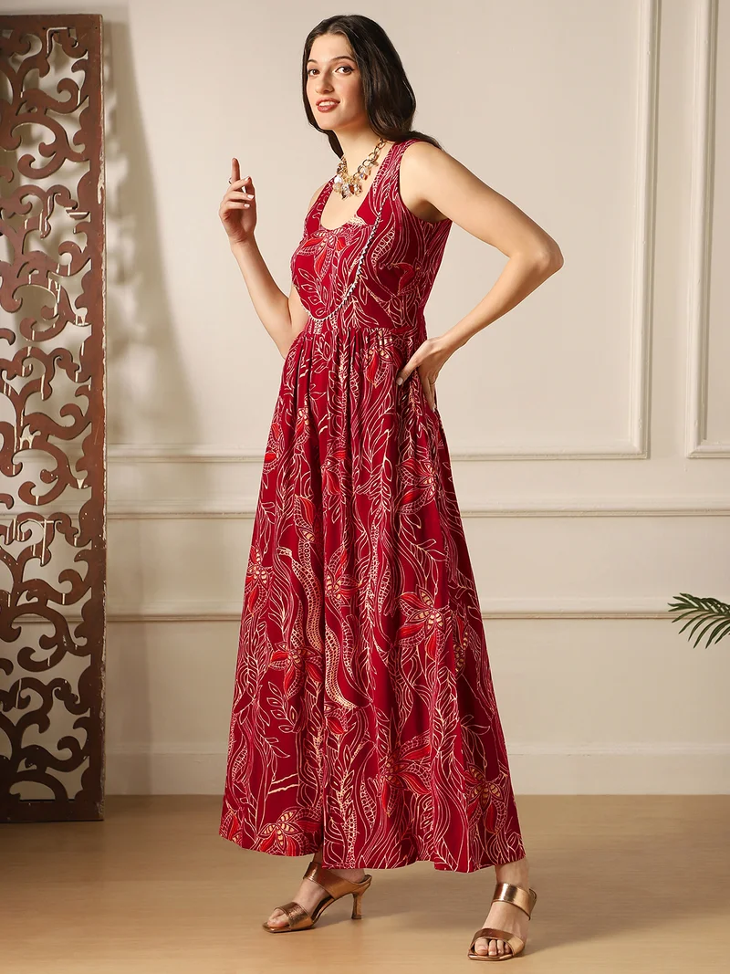 globus Globus Women Maroon Ethnic Print Round Neck Lace Detail Flared Wide Leg Fusion Jumpsuit