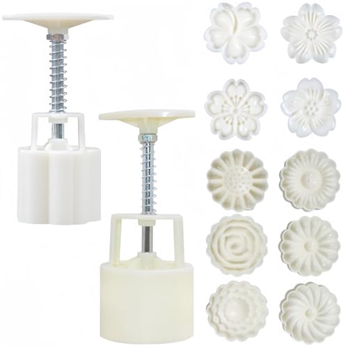 Accfore 2 Pack Moon Cake Mold,50g Moon Cake Press Mould Maker Hand Printed Flower Cutter Baking Tools with 10 Stamps - Image 1