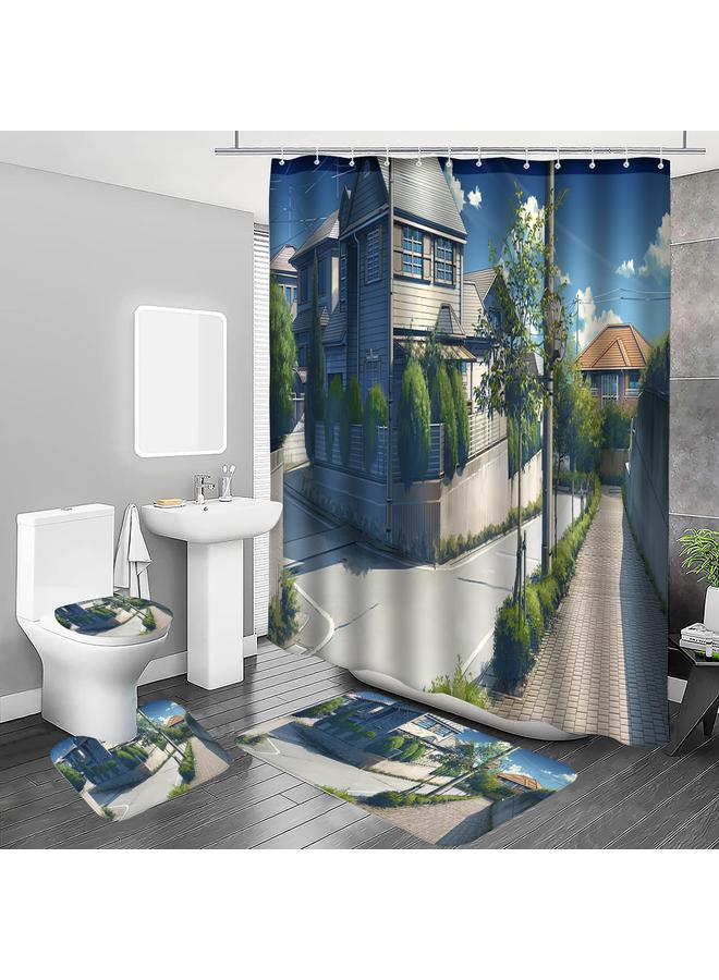 Bluejw A Generation Of Japanese Animation Scene Shower Curtain Four-piece Digital Printing Shower Curtain Mat Suit U-shaped Mat Wholesale - Image 1