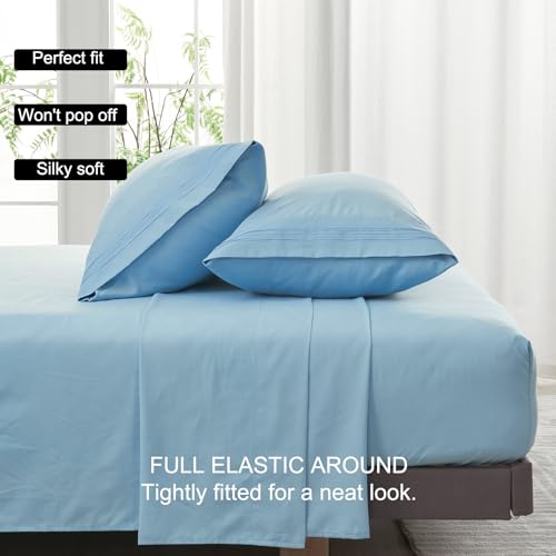WODFAMY Microfiber Easy Fit Queen Size Bed Sheet Set Extra Soft Deep Pockets Luxury Hotel 4 Piece Set Light Blue Bed Sheets Queen Sheets - Image 4