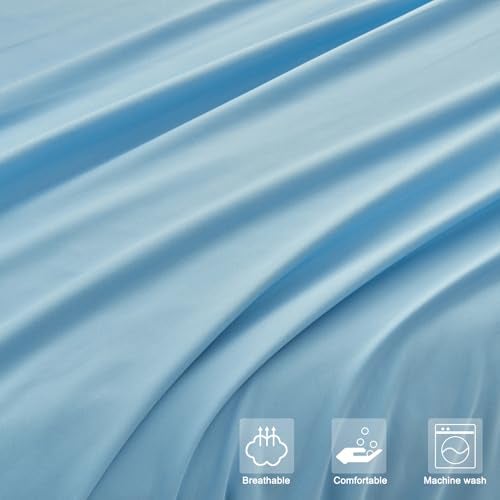 WODFAMY Microfiber Easy Fit Queen Size Bed Sheet Set Extra Soft Deep Pockets Luxury Hotel 4 Piece Set Light Blue Bed Sheets Queen Sheets - Image 5