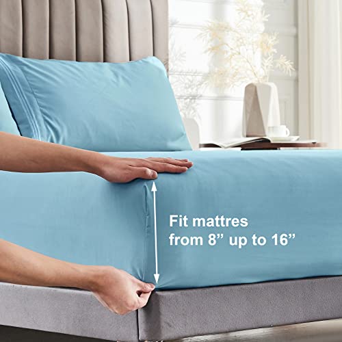 WODFAMY Microfiber Easy Fit Queen Size Bed Sheet Set Extra Soft Deep Pockets Luxury Hotel 4 Piece Set Light Blue Bed Sheets Queen Sheets - Image 3