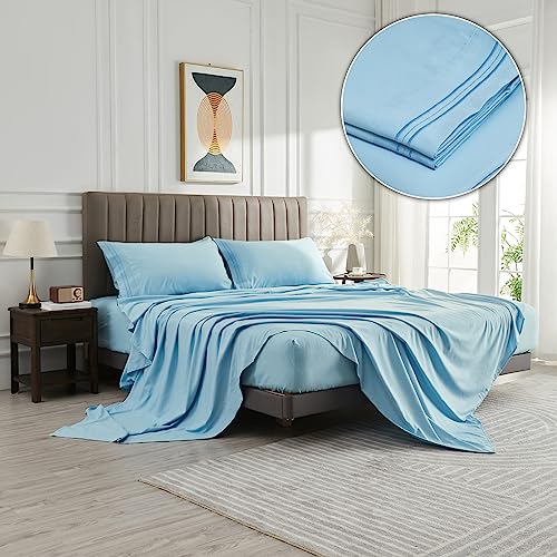 WODFAMY Microfiber Easy Fit Queen Size Bed Sheet Set Extra Soft Deep Pockets Luxury Hotel 4 Piece Set Light Blue Bed Sheets Queen Sheets - Image 1