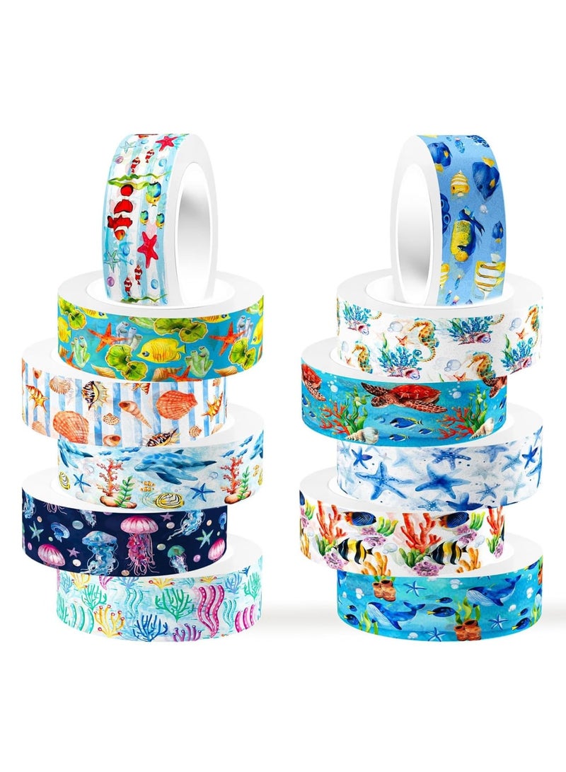 سيوسي Blue Ocean Washi Tape, Decorative Tapes for Scrapbooking, Journals, Planners & DIY Crafts, Masking Tapes for Gifts, Wrapping & Art, With Sea Animal Cartoon (12-Roll, Assorted Designs) - Image 1