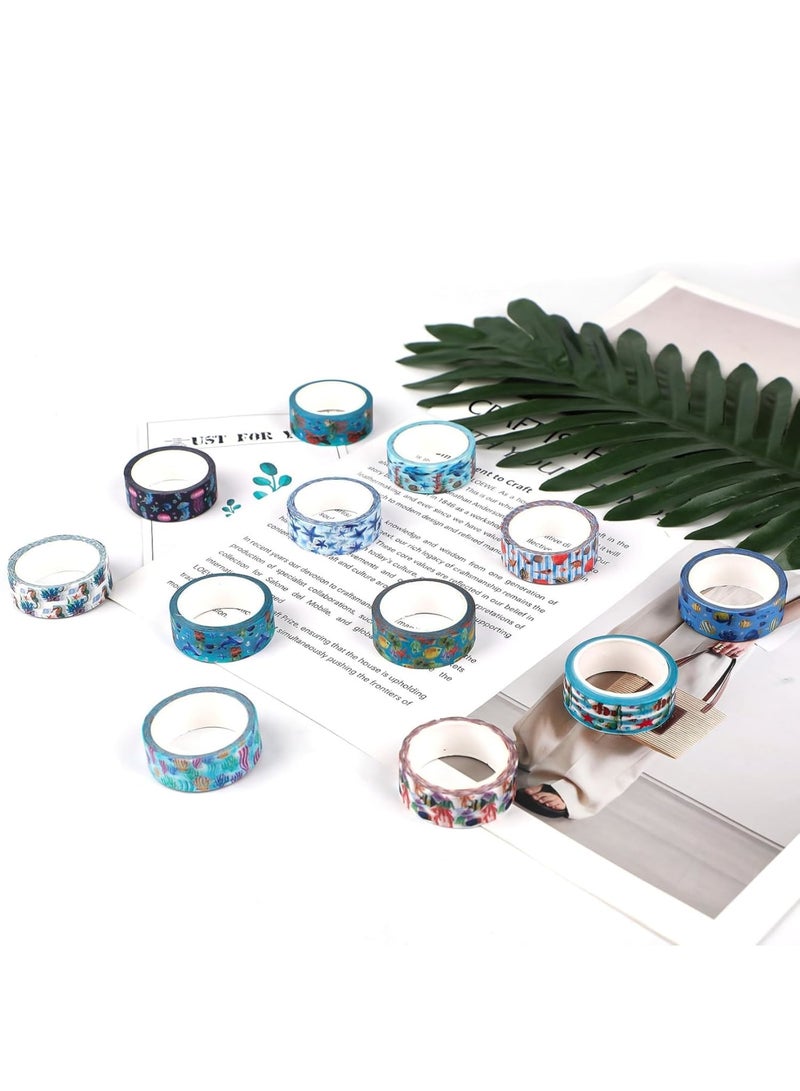 سيوسي Blue Ocean Washi Tape, Decorative Tapes for Scrapbooking, Journals, Planners & DIY Crafts, Masking Tapes for Gifts, Wrapping & Art, With Sea Animal Cartoon (12-Roll, Assorted Designs) - Image 3