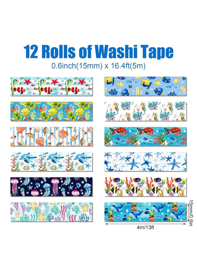 سيوسي Blue Ocean Washi Tape, Decorative Tapes for Scrapbooking, Journals, Planners & DIY Crafts, Masking Tapes for Gifts, Wrapping & Art, With Sea Animal Cartoon (12-Roll, Assorted Designs) - Image 2