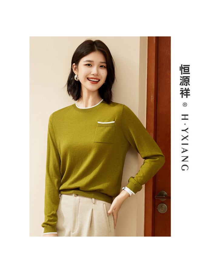 Hengyuanxiang Real Pocket Decorationwomen'S Knit Round Neck Spring/Autumn Base Layer Thin Wool Sweater Close-Fitting And Comfortable - Image 2