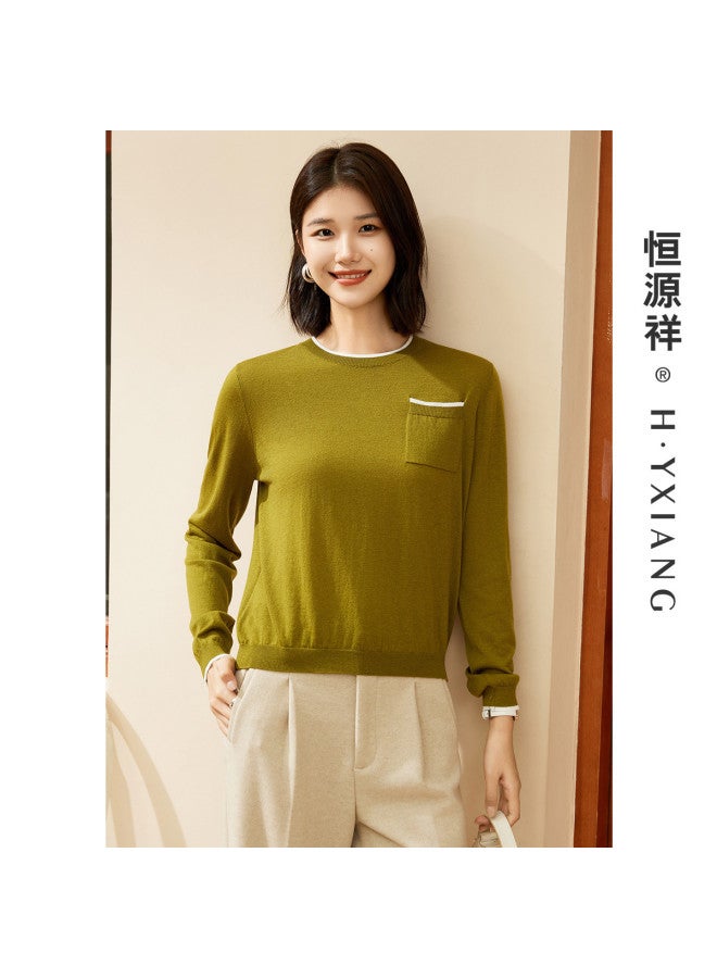 Hengyuanxiang Real Pocket Decorationwomen'S Knit Round Neck Spring/Autumn Base Layer Thin Wool Sweater Close-Fitting And Comfortable - Image 3