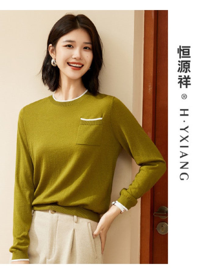 Hengyuanxiang Real Pocket Decorationwomen'S Knit Round Neck Spring/Autumn Base Layer Thin Wool Sweater Close-Fitting And Comfortable - Image 1