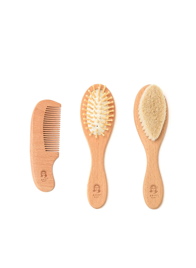 أنفي بيبي Natural Baby Wooden Hair Brush Set- Set Of 3