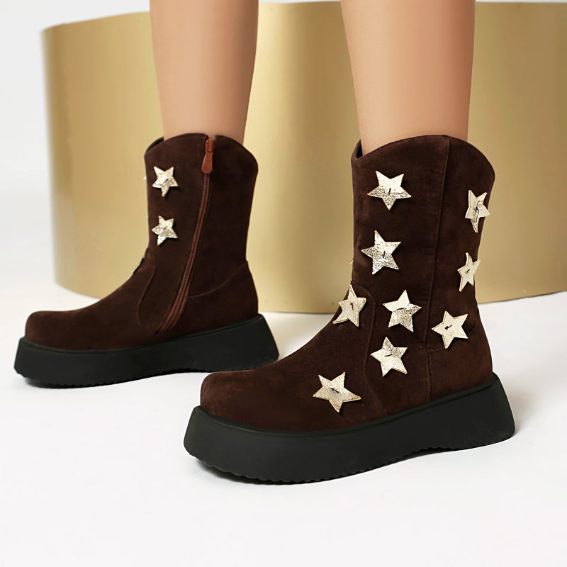 Star Color Matching Matte Velvet Short Boots Low Heel Thick Bottom Casual Boots 40-43 Martin Boots - Image 2