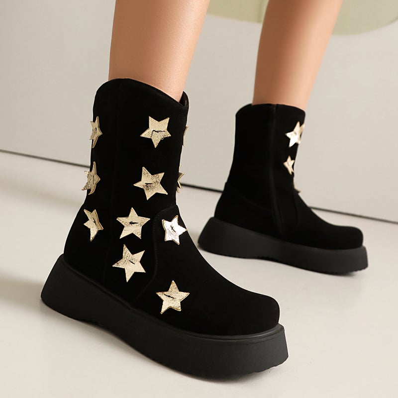 Star Color Matching Matte Velvet Short Boots Low Heel Thick Bottom Casual Boots 40-43 Martin Boots - Image 4