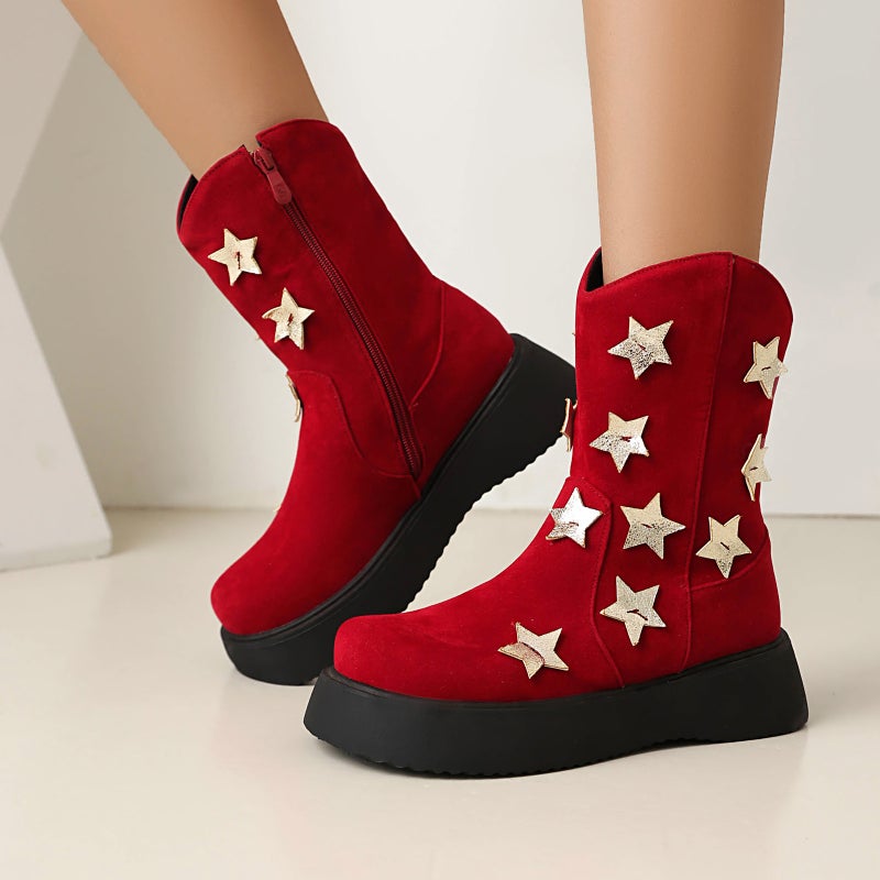 Star Color Matching Matte Velvet Short Boots Low Heel Thick Bottom Casual Boots 40-43 Martin Boots - Image 3