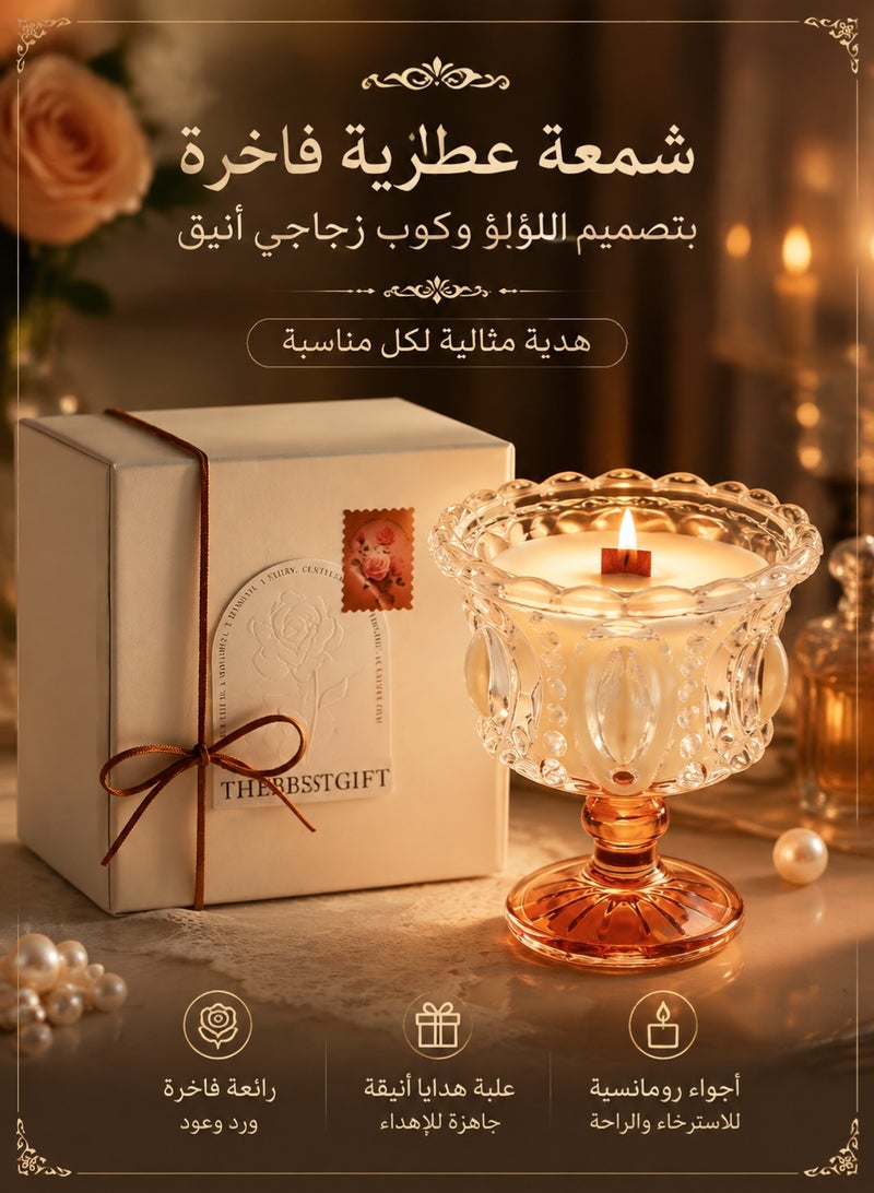 Golden Luxury Pearl Scented Candle Gift Box, Elegant Glass Cup Aromatherapy Candle with Rose & Oud Fragrance, Romantic Home Decor Candle for Women Birthday Wedding Anniversary Gift - Image 1