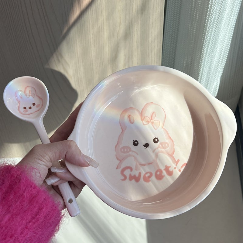 وعاء شوربة سيراميك مع دب كوكي أصفر، مجموعة وعاء ذو أذنين مزدوجتين وملعقة، سعة كبيرة آمنة للاستخدام في الميكروويف، مناسبة للسلطة والمعكرونة والنودلز، مستلزمات المطبخ - Image 3