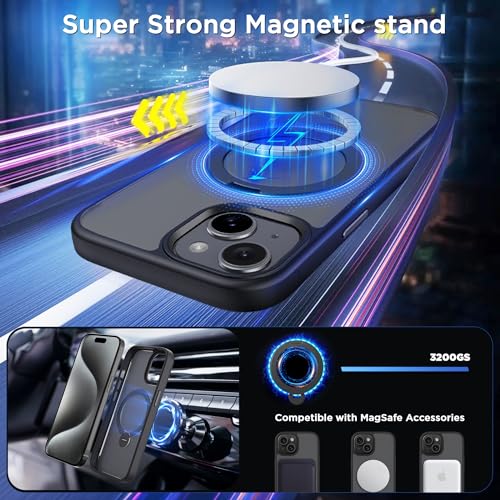 CACOE Magnetic Case for iPhone 15 6.1 inch with 360 Rotatable Ring Stand, Compatible with MagSafe Car Phone Mount, Cases Cover Phone Holder for Desk Meeting/Videos Matte Black - Image 3