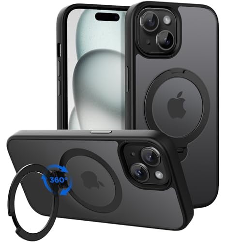 CACOE Magnetic Case for iPhone 15 6.1 inch with 360 Rotatable Ring Stand, Compatible with MagSafe Car Phone Mount, Cases Cover Phone Holder for Desk Meeting/Videos Matte Black - Image 1