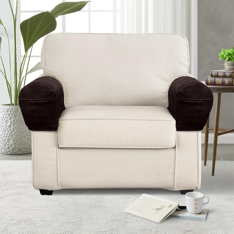 ANARACHON Leather Look Couch Arm Covers Set of 2 Armrest Covers for Sofa Chair Arm Protectors Stretch Armchair Slipcovers with Pockets Washable Spandex Fabric (Medium, Chocolate) - Image 2