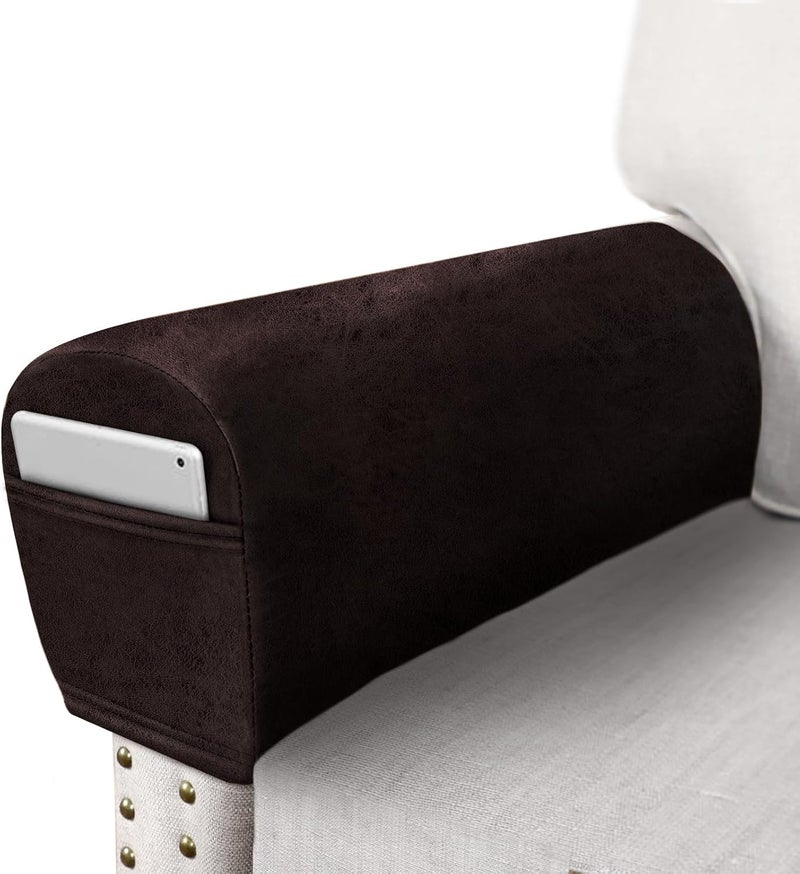 ANARACHON Leather Look Couch Arm Covers Set of 2 Armrest Covers for Sofa Chair Arm Protectors Stretch Armchair Slipcovers with Pockets Washable Spandex Fabric (Medium, Chocolate) - Image 1