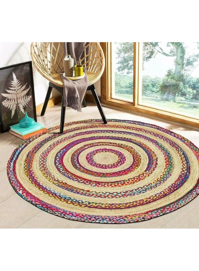 HANDPICKED FURNITURE Jute Wool And Cotton Multicoloured Round Carpet Ultra Soft Area Carpets For Bed Room Living Room And Dining Room Anti-Slip Floor Carpets Easy To Clean Made In Turkey 150X150Cm - Image 1