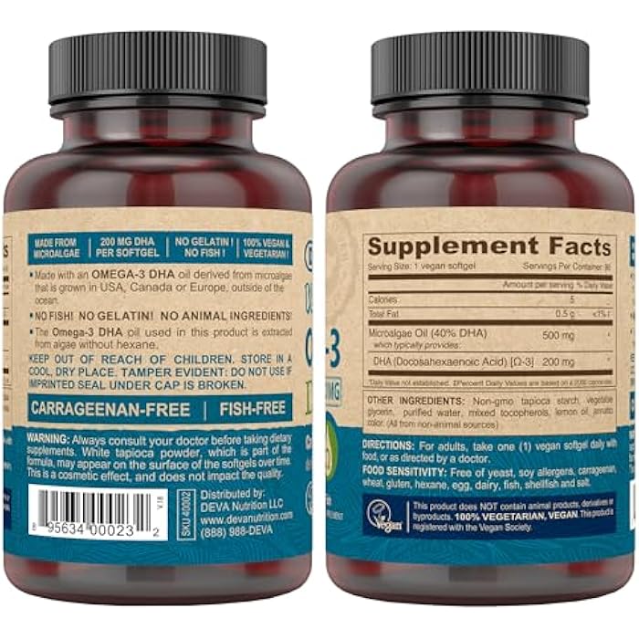 DEVA Vegan Omega-3 DHA Supplement, Once-Per-Day Softgel 200 MG, Carrageenan Free, Gelatin Free, Non-Fish, Algae Oil, Omega-3 Fatty Acids - 90 Softgels - Image 2