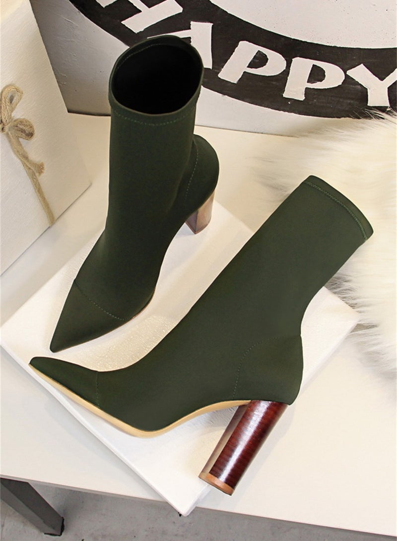 بيج تري أوروبا والولايات المتحدة أزياء بسيطة الخشب الحبوب سميكة مع مرونة ليكرا سليم أحذية الكاحل  9.5cm أخضر - Image 2