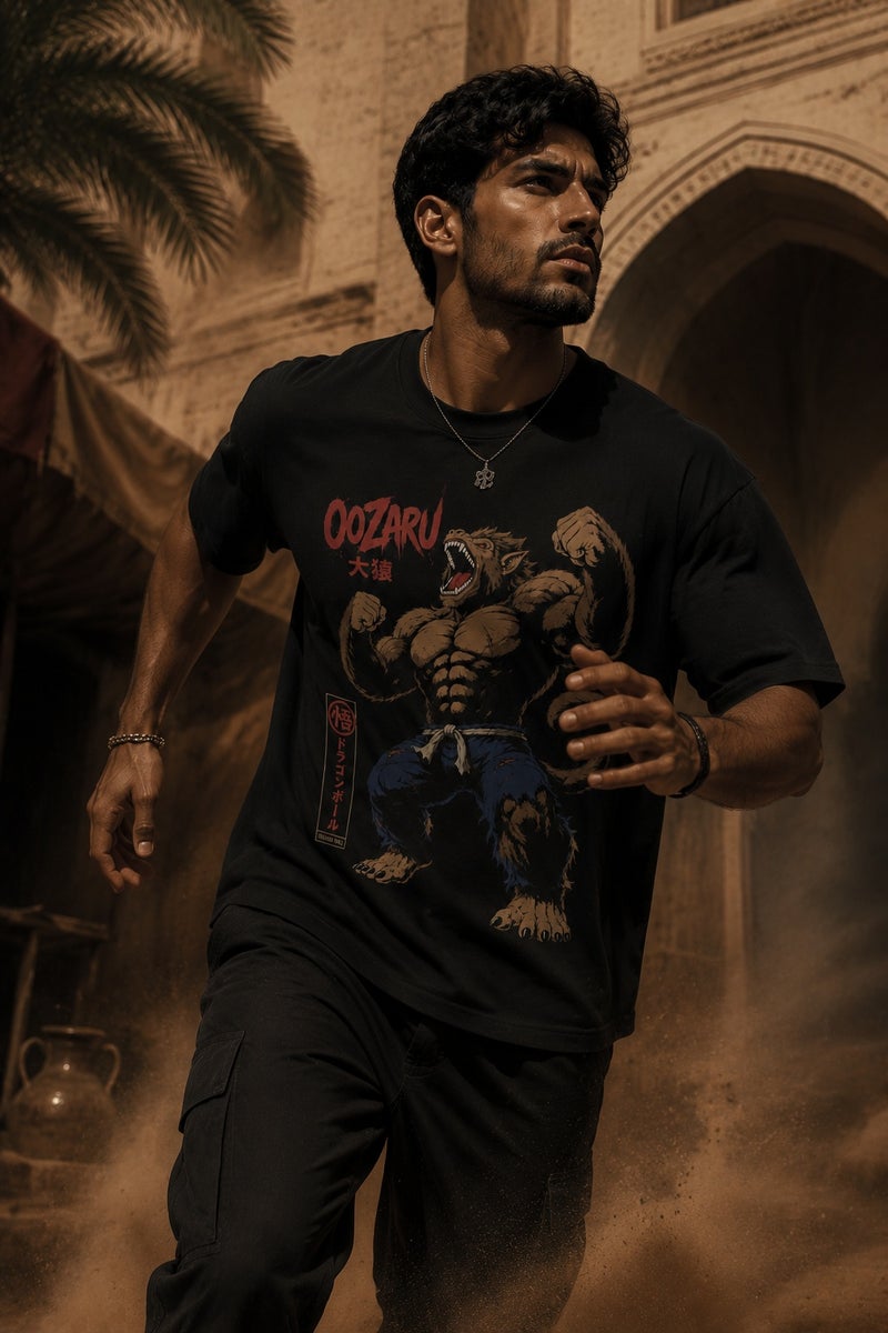 Men's Black Oozaru Anime Graphic T-Shirt Oversized Casual Short Sleeve Crew Neck Streetwear Tee - Image 3
