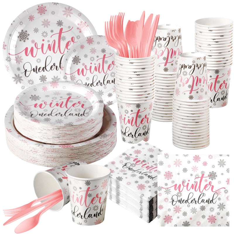Hsei 324 Pcs Winter Wonderland 1st Birthday Party Supplies Pink and Silver Snowflake Plates and Napkins Set Disposable Tableware Dinnerware - Image 2