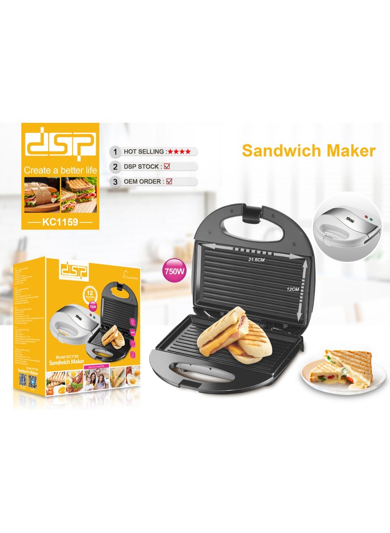 DSP Electric Sandwich Maker 750W Plastic Body + Stainless Steel Plate Power & Lights Ready Non-Stick Coating KC1159