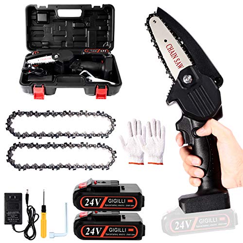 Gigilli Mini Chainsaw With 2 Batteries 2 Chain, 4-Inch Cordless Mini Chainsaw Battery Powered Portable, Father Gifts Handheld Small Electric Chainsaw for Branch Pruning Tree Trimming Wood Cutting - Image 1
