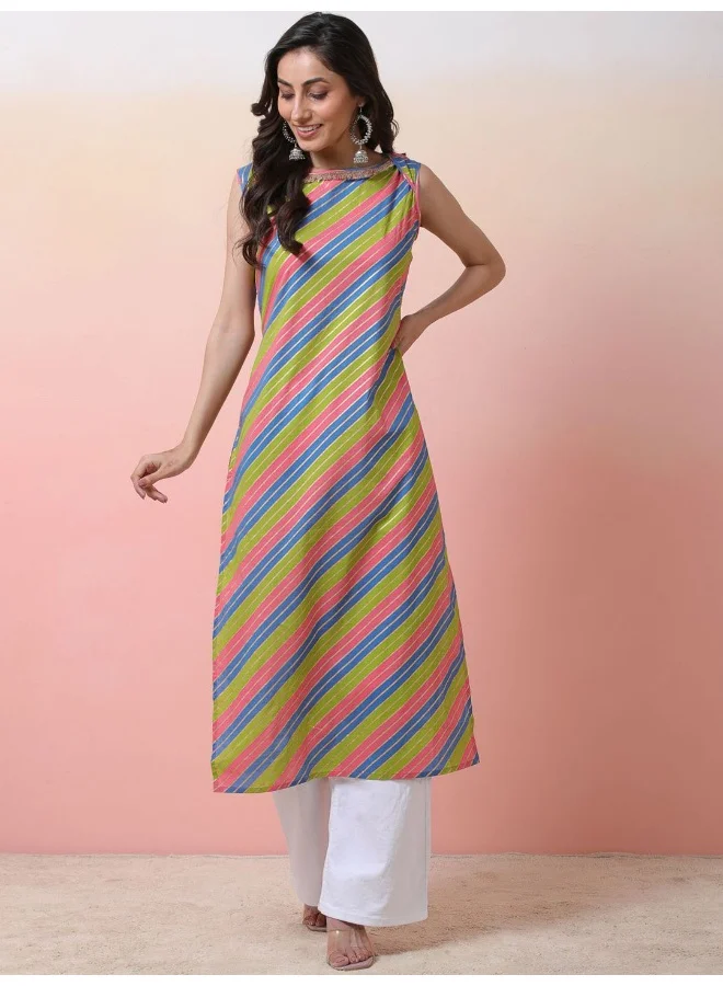 AKS Multicolored leheriya Straight Kurta with Boat neck
